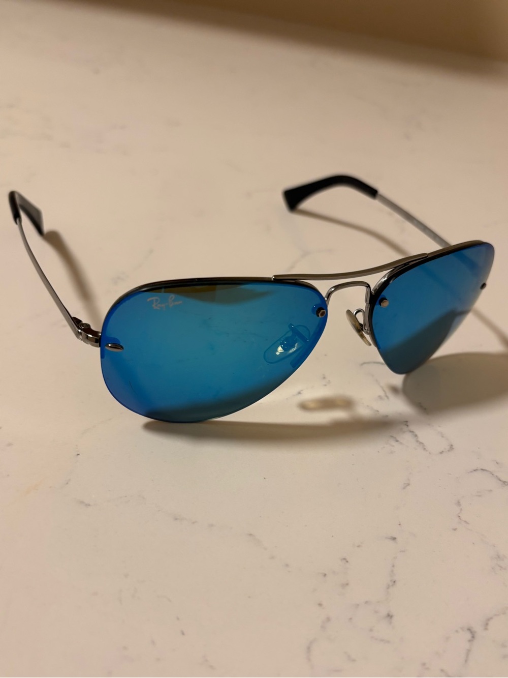 Ray-Ban Silver Frame Sunglasses with Blue Mirrored Lenses